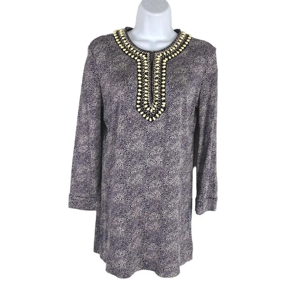 Tory Burch Top Womens Small Silk Beaded Neck Printed‎ 3/4 Sleeve TP-2370